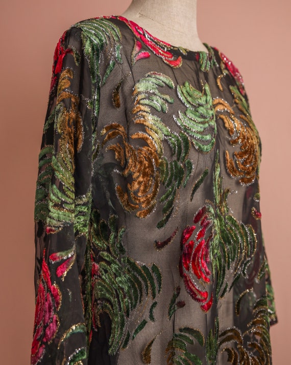 Vintage Sheer Velvet Novelty Pattern Dress / Tuni… - image 4