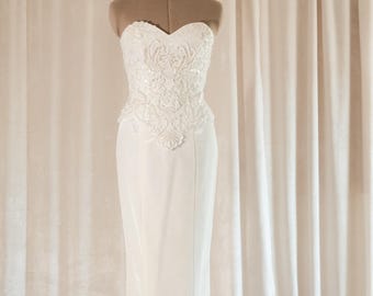 Size XS-S / Vintage 1980s Fitted Beaded Sweetheart Reception Dress, Bridal Gown