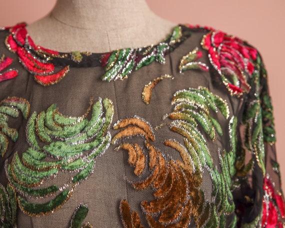 Vintage Sheer Velvet Novelty Pattern Dress / Tuni… - image 6