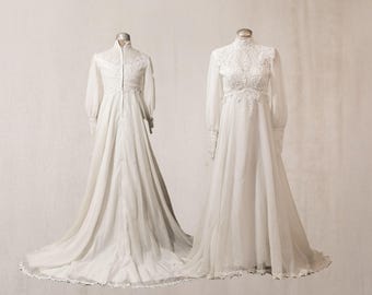 Vintage High Neck Lace Wedding Dress with Beaded Bodice and Train, Renaissance Style #N