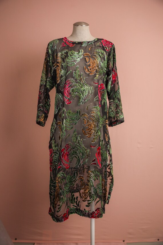 Vintage Sheer Velvet Novelty Pattern Dress / Tuni… - image 5