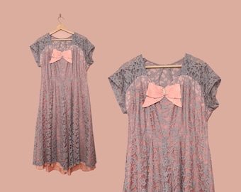 Vintage Original XXL Pink Lace 1940s - 1950s Day Dress PLUS SIZE size: 2xl #C