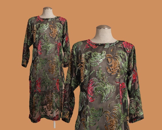 Vintage Sheer Velvet Novelty Pattern Dress / Tuni… - image 1