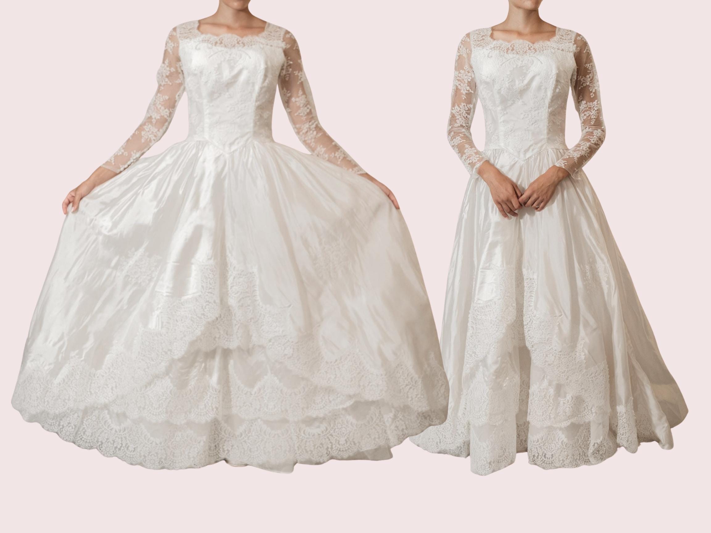 Small Vintage 1950's Ruffled Lace Ball Gown Wedding Dress #Y