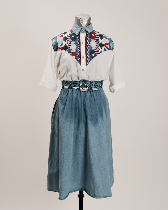 Vintage Tap & Co Western / Aztec Print Denim Dress