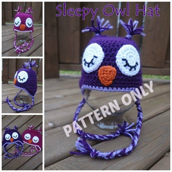 Sleepy Owl Crochet Hat PATTERN, PDF, 7 Sizes included, Instant Download