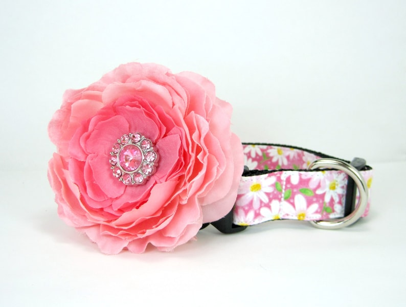 Mini,X-Small,Small,Medium ,Large or X-Large Size Pink Floral Dog Collar with Rhinestone flower set Adjustable