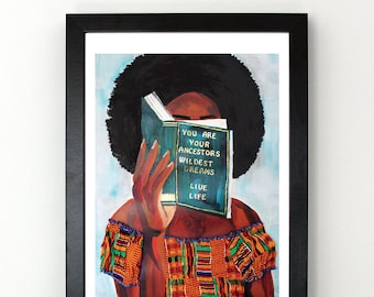 Afro Woman Reading Book with Inspirational Quote - Art Wall Print