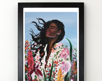 Serene Woman in nature with flowers  - Art Wall Print