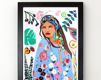 Bohemian Woman with Fruit and Plants Art Wall Print