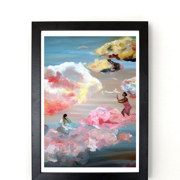 Sunset Clouds and Floating Women - Art Wall Print