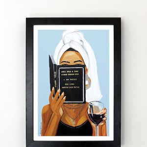 Woman with wine glass Reading Book with Inspirational Quote - I Am Enough - Art Wall Print