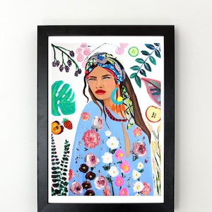 Boho Frau mit Obst und Pflanzen Kunstdruck