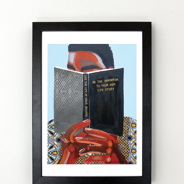 Man Reading Book with Inspirational Quote - Life Story -  Art Wall Print
