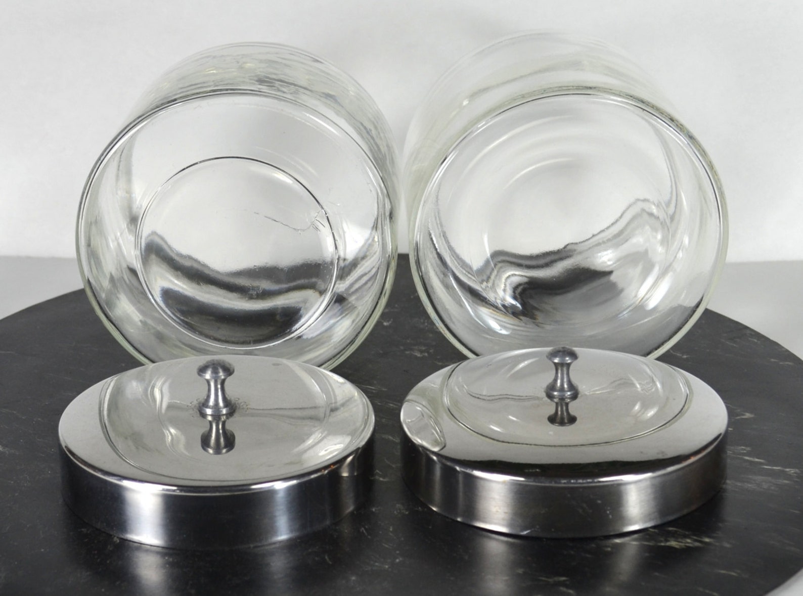 Pair of Glass Apothecary Jars w Chromelike Stainless Lids Etsy
