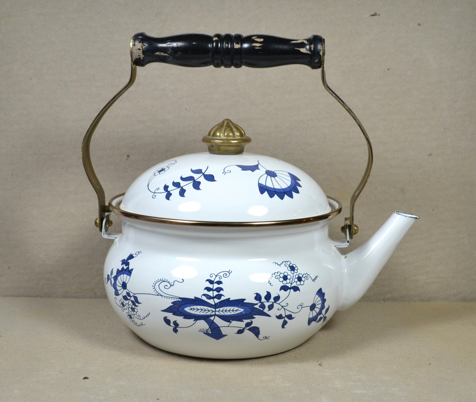 White Enamel Tea Kettle w Blue Danube / Onion Etsy