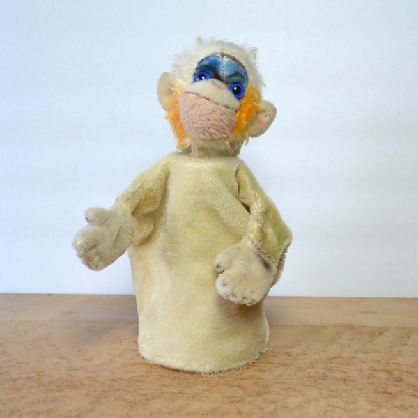 Steiff Mungo Monkey Hand Puppet ca1960s Germany | "Hand Mungo" Puppet w Blue Glass Eyes, Beige Plush Mohair Front and Hands, Greenish Back