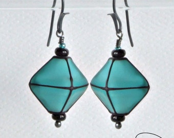 Lanterns:  Teal Lantern Earrings -- Hanging Lantern -- Lampwork Earrings -- Niobium Earwires