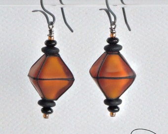 Amber Lantern Glass Earrings -- Artisan Lampwork -- Niobium Earwires -- Hypo Allergenic -- Chinese Lantern Design