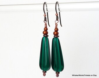 Teardrops: Rustic Earrings -- Square Teardrop Earrings --Emerald Green & Copper Earrings -- Teal Green Earrings on Niobium Earwires