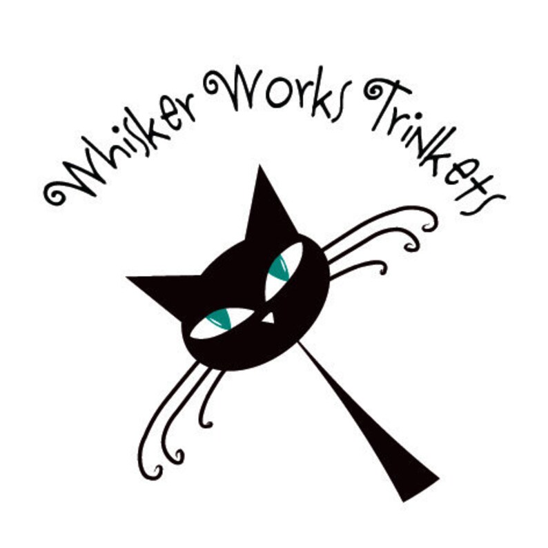 May include: Black cat silhouette with teal eyes and a whimsical design. The text "Whisker Works Trinkets" is written in a cursive font around the cat.