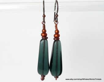 Rustic Drop Earrings -- Blue-Gray Smokey Blue & Copper --  Squared Teardrops -- Boho -- Earthy -- Niobium Earwires -- Hypo-Allergenic