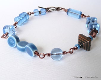 Rustic Boho Light Blue Bracelet -- Glass Cube and Copper Beads -- Light Sapphire Blue & Copper -- Wire Wrapped Jewelry -- Handmade