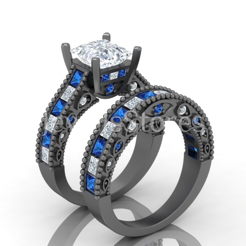 2.80 Ct Princess Cut White And Blue Sapphire Black Gold Finish Couple Engagement Wedding Band Ring 925 Sterling Silver Promise Ring