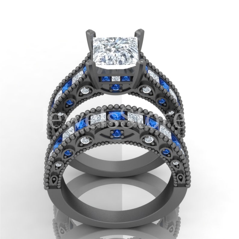 2.80 Ct Princess Cut White And Blue Sapphire Black Gold Finish Couple Engagement Wedding Band Ring 925 Sterling Silver Promise Ring