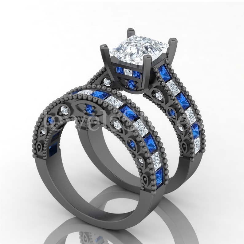 2.80 Ct Princess Cut White And Blue Sapphire Black Gold Finish Couple Engagement Wedding Band Ring 925 Sterling Silver Promise Ring