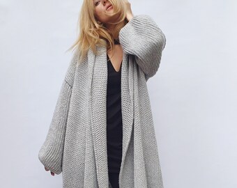 Cashmere blend cardigan, long hooded cardigan, maxi coatigan, long sweater coat, oversize coat, chunky knit long cardigan in grey
