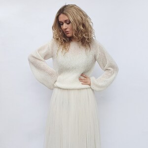 Ivory Mohair Bridal Sweater, Loose Knit Wedding Top, Relaxed Fit Ecomohair Yarn