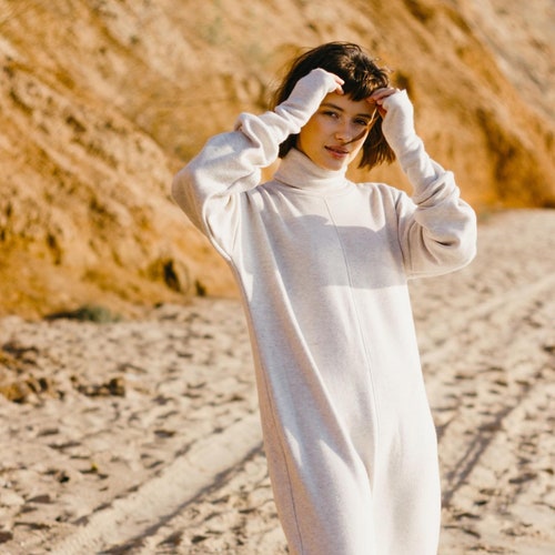 Turtleneck maxi dress Oversized dress Thumbhole sleeves  in cream
