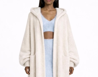 Oversized Hooded Mohair Cardigan – Long Knit Coat
