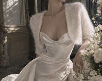 Bridal Mohair Bolero Ivory Wedding Shrug Soft Fuzzy Bridal Cover Up Bridal Sweater Open Back Wedding Cardigan
