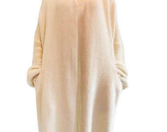 Cashmere mohair cardigan, long knit cardigan, blanket cardigan, long sweater coat, oversize coat, chunky knit long cardigan in cream
