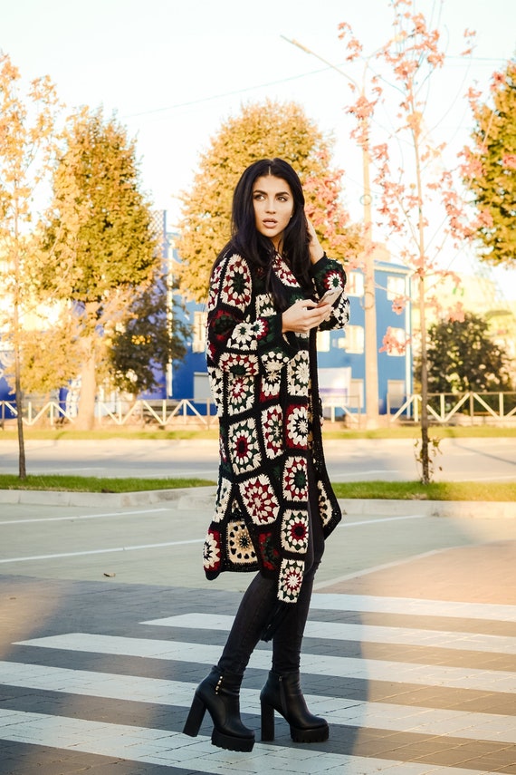 Crochet Boho Granny Square Jacket Longline Cardigan Coat and
