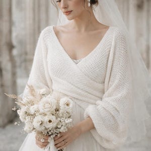 Bridal Mohair Silk Wrap Sweater – Cross Front Wedding Pullover with Balloon Sleeves