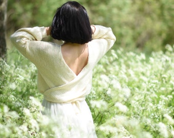 Open back wrap sweater V neck relaxed fit Wedding Sweater