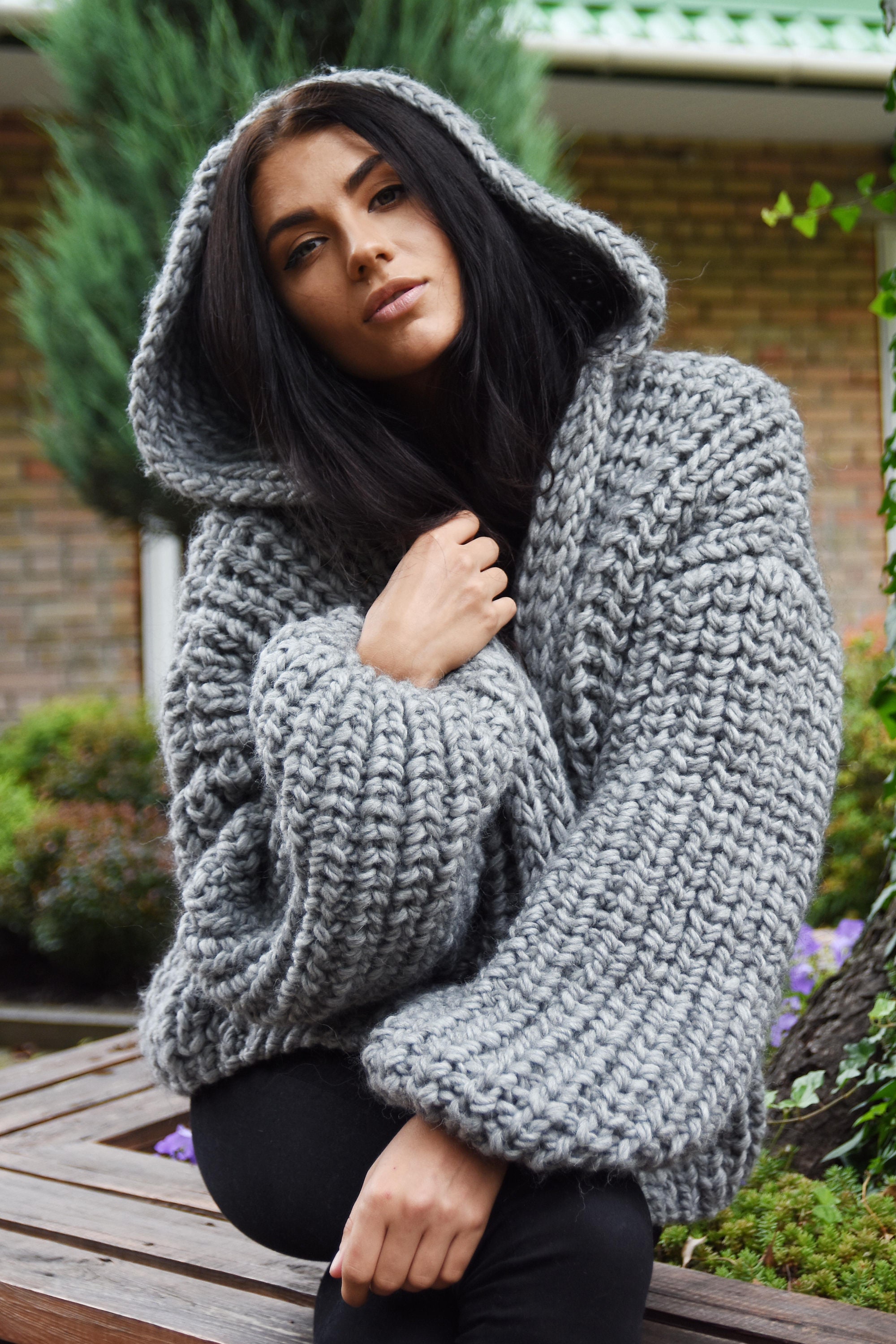 Knit Cardigan Chunky Knit Hooded Bomber Jacket Chunky Knit - Etsy Denmark