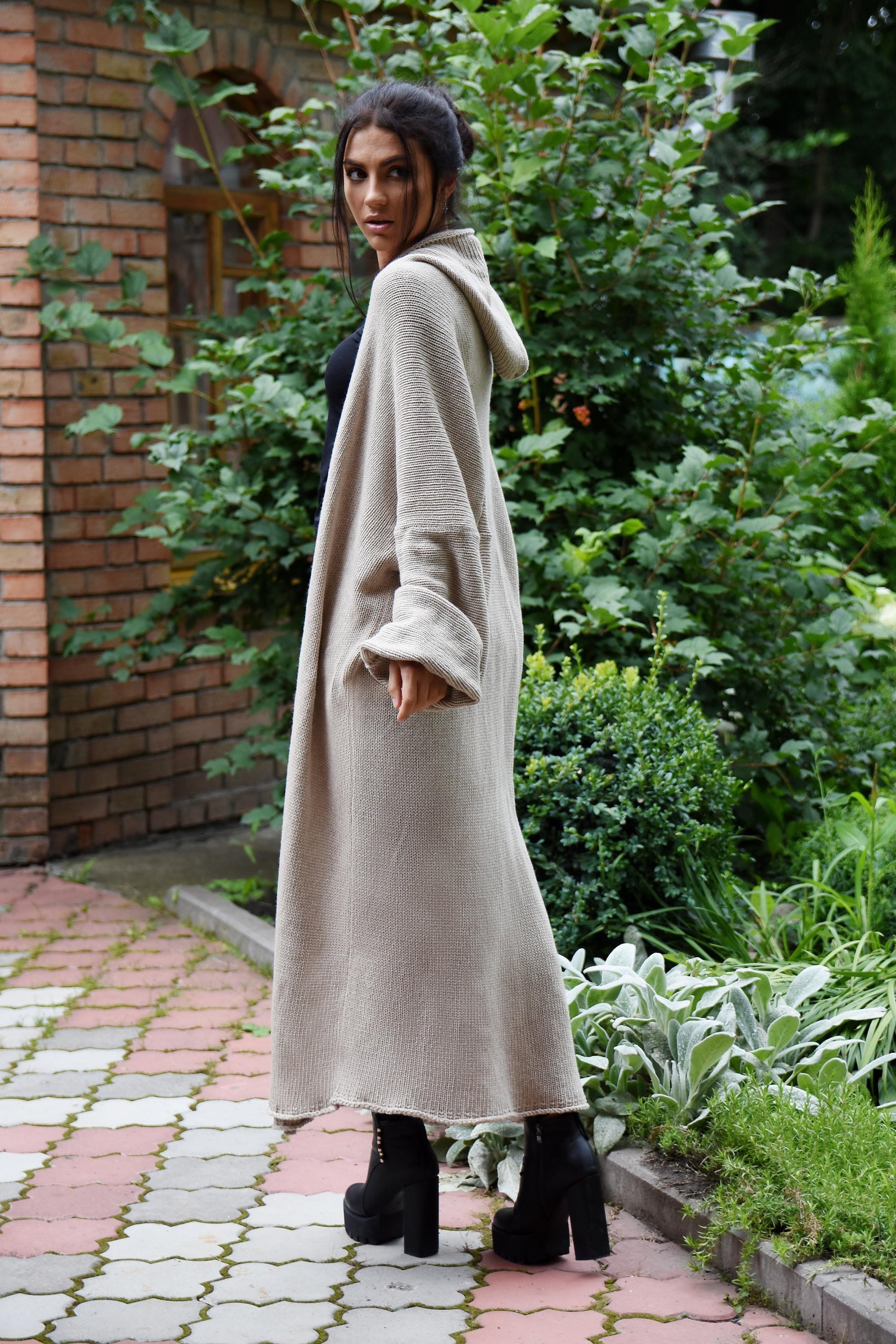 Cashmere blend long cardigan, Cashmere chunky sweater coat, women's maxi  cardigan, Long sweater coat, Hooded oversized coat, beige