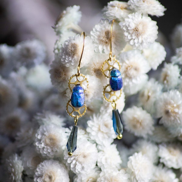 Boucles d'orille "Azur" - véritable scarabée bleu