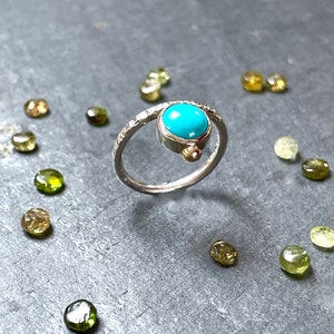Turquoise, Sterling Silver and 9ct Gold Ring - 2mm Silver Band - Hallmarked - Semi Precious Turquoise Gemstone - Textured Silver - Hammered