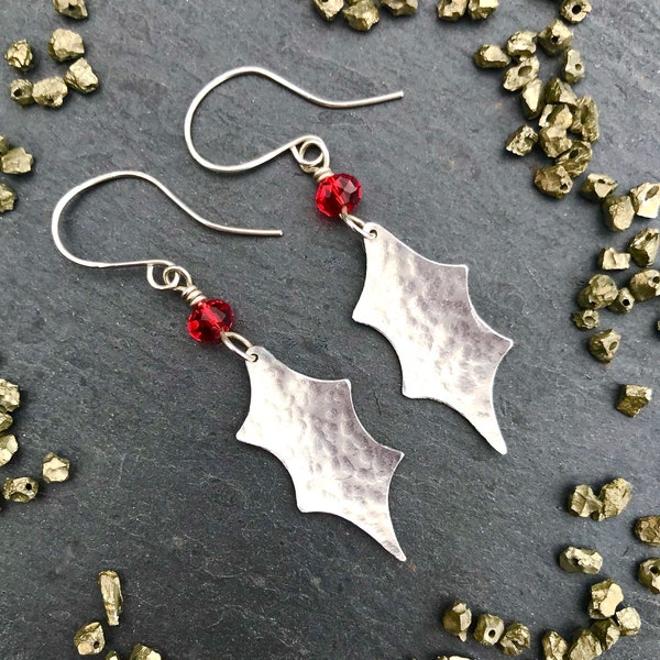 Christmas Holly and Berry Earrings - Sterling Silver 925 ~ Christmas Jewellery ~ Handmade Cornwall ~ Xmas Party - Red Swarovski crystals