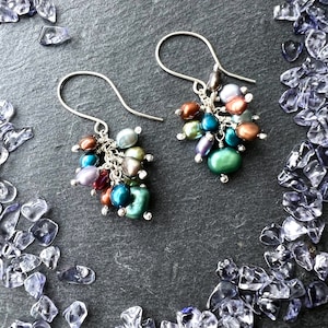 Fresh Water Pearl Cluster Earrings in Sterling Silver - 925 - Turquoise Blue Silver Grey Pearls - Pearl Drops - Handmade in Cornwall