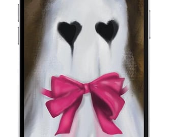 Protector de pantalla digital para iPhone con un adorable y espeluznante dibujo de un fantasma.