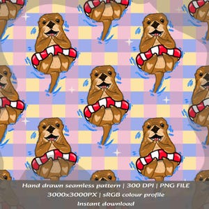 May include: A seamless digital pattern featuring brown otters floating in red and white striped inner tubes. The otters are surrounded by blue water splashes and small white stars against a background of light pink, yellow, and blue squares.