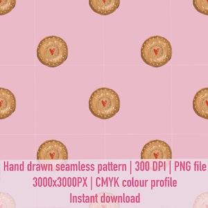 May include: A seamless digital pattern featuring repeating round tan cookies on a light pink background. Each cookie has a central red heart and the text Jammy buggar written in white. The image includes text: Hand drawn seamless pattern.