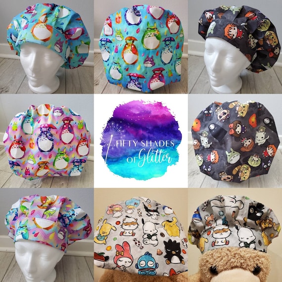 Bouffant Scrub Hat Cap, Chibi Catbus Spirits; Handmade, Cotton, Surgical Cap, Doctor, Nurse, Healthcare Worker