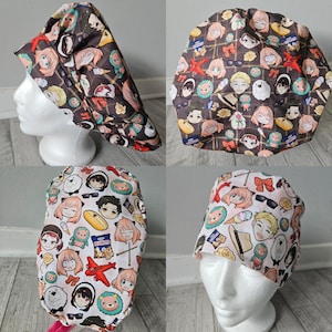 Bouffant Scrub Hat Cap, Spy Family Mission Bond Dog Anime; Handmade, Cotton, Surgical Cap, Doctor, Nurse, Healthcare Worker